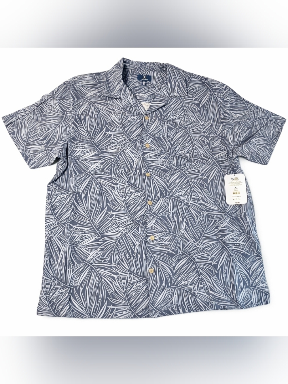 Men’s XL NWT George Tropical Leaf Button Up Shirt Blue Gray Short Sleeve Casu